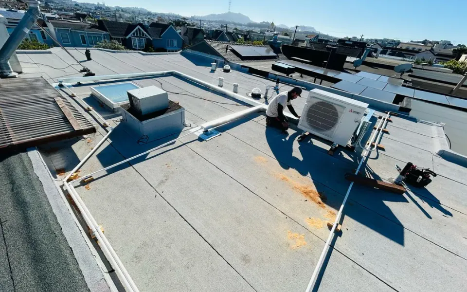 HVAC equipment and piping on a commercial rooftop