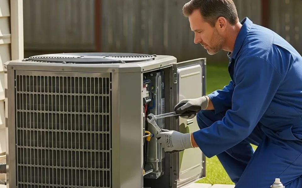Technician servicing an outdoor air conditioning unit