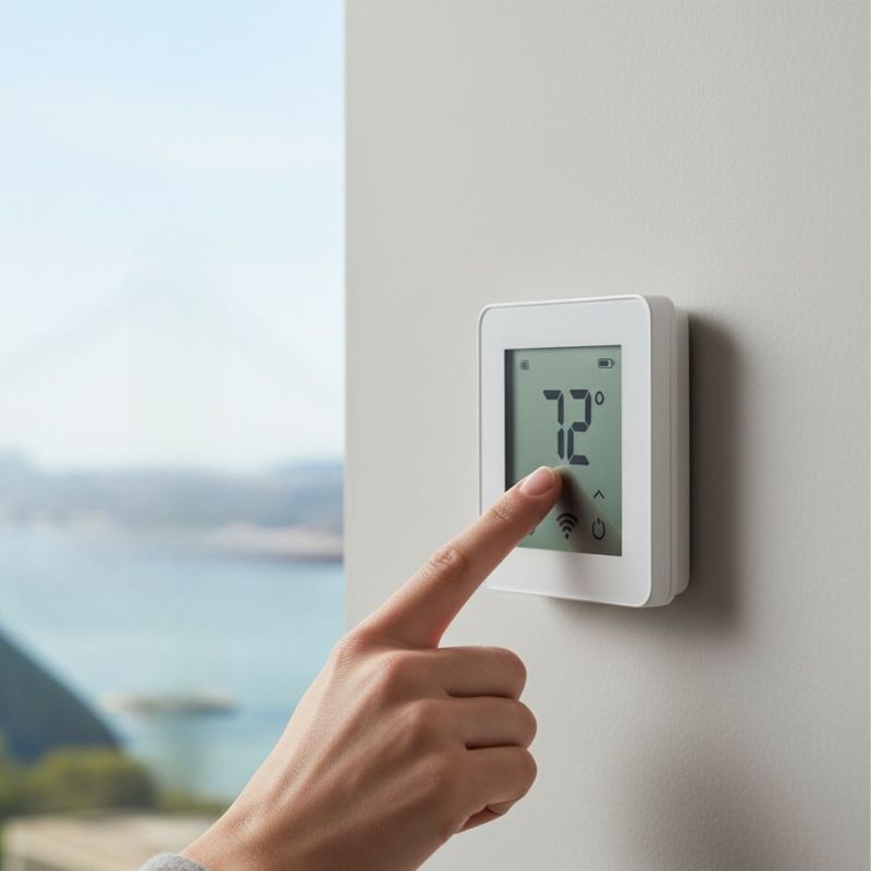 Finger adjusting a wall thermostat