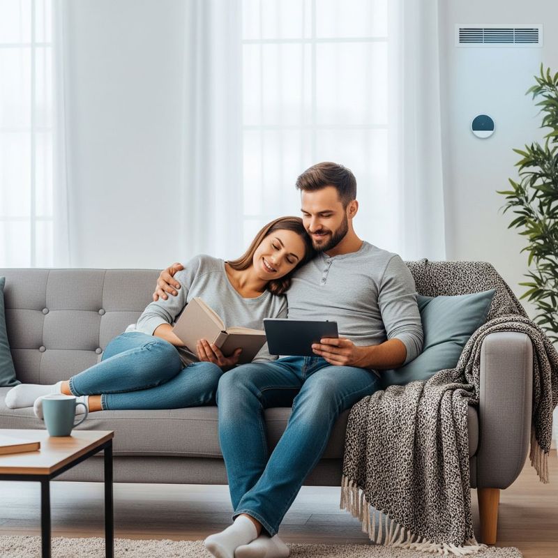 Two people sitting on a sofa in a living room