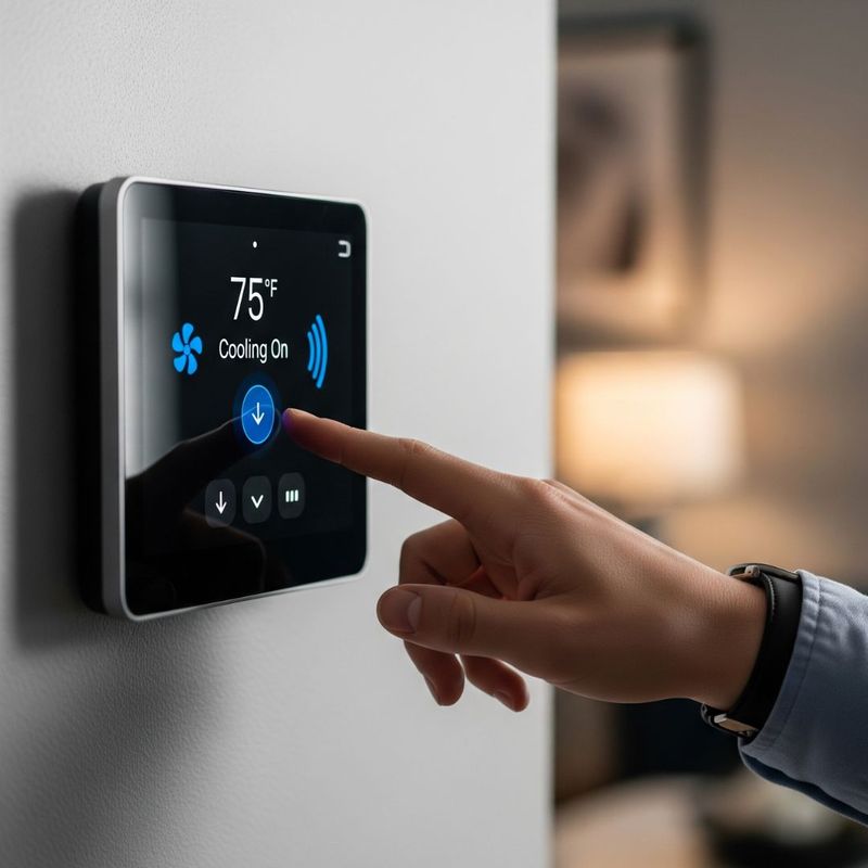 Hand operating a thermostat