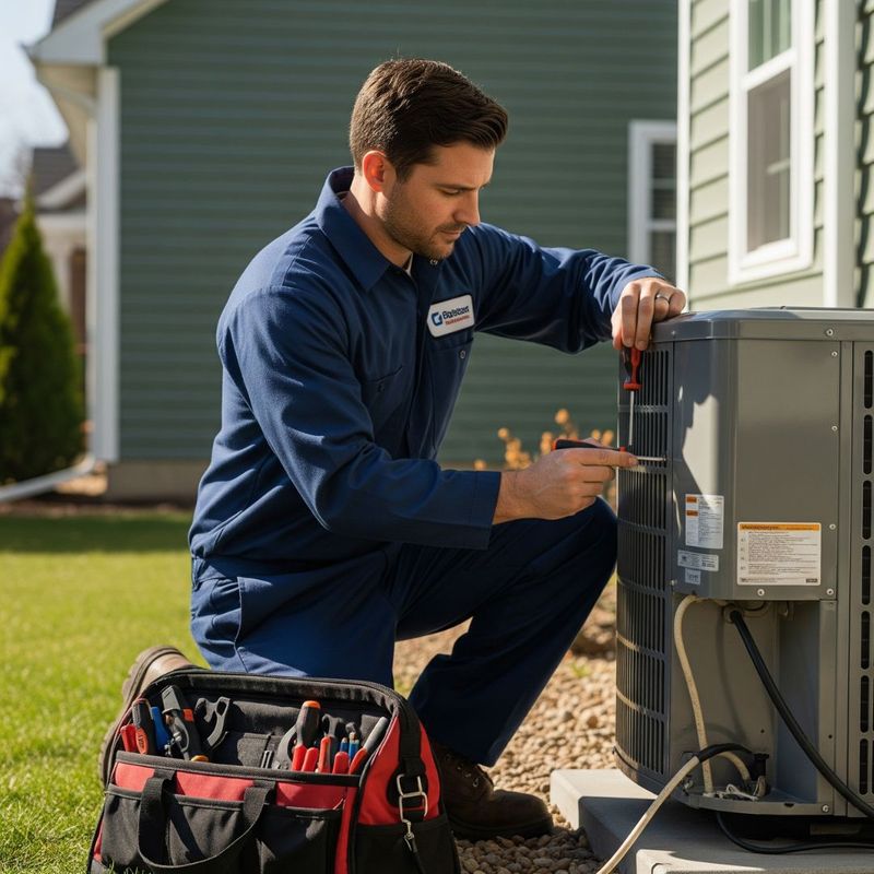 Technician working beside an outdoor condenser