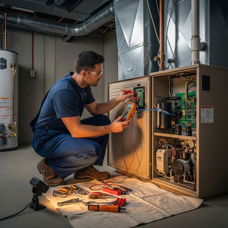 Technician inspecting indoor HVAC equipment