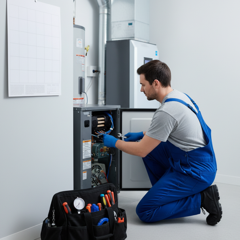 Technician examining indoor heating equipment