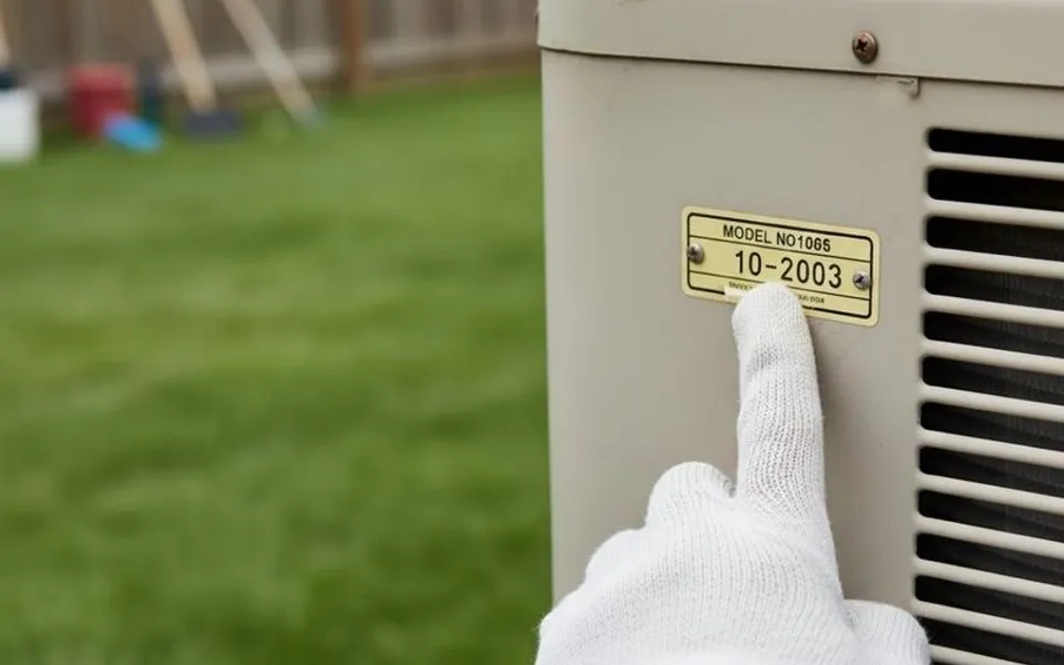 Hand pointing to the data label on an outdoor air conditioning unit