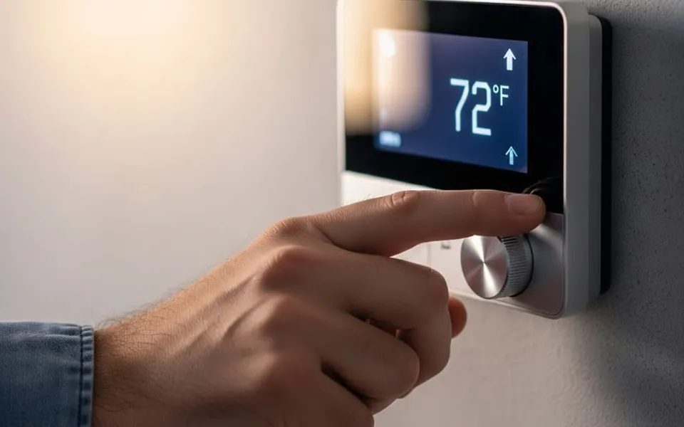 Hand adjusting a digital wall thermostat